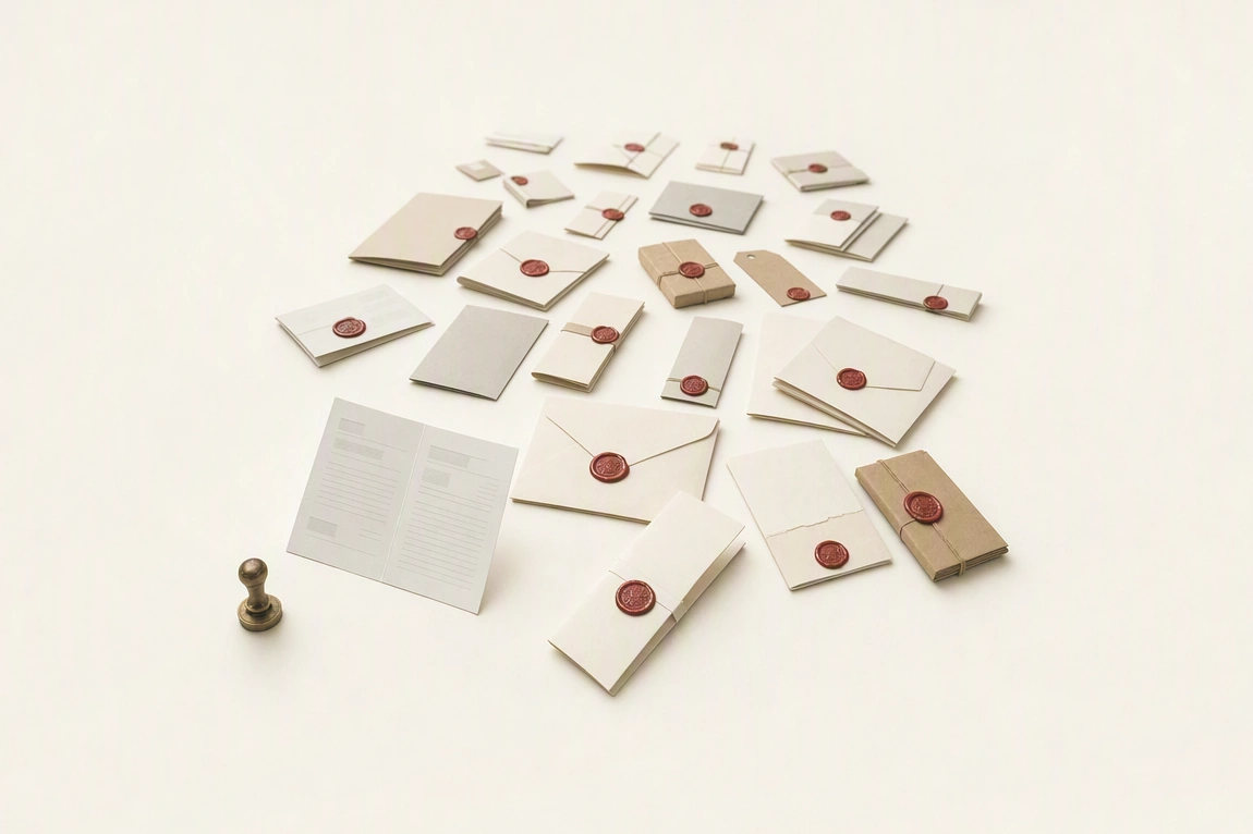A small brass stamp beside one printed card lying open and unsealed, and beyond them dozens of different closed pieces — envelopes, folded menus, price sheets, kraft parcels, tags and tied bundles — each fastened with the same red wax, spreading away into the distance.
