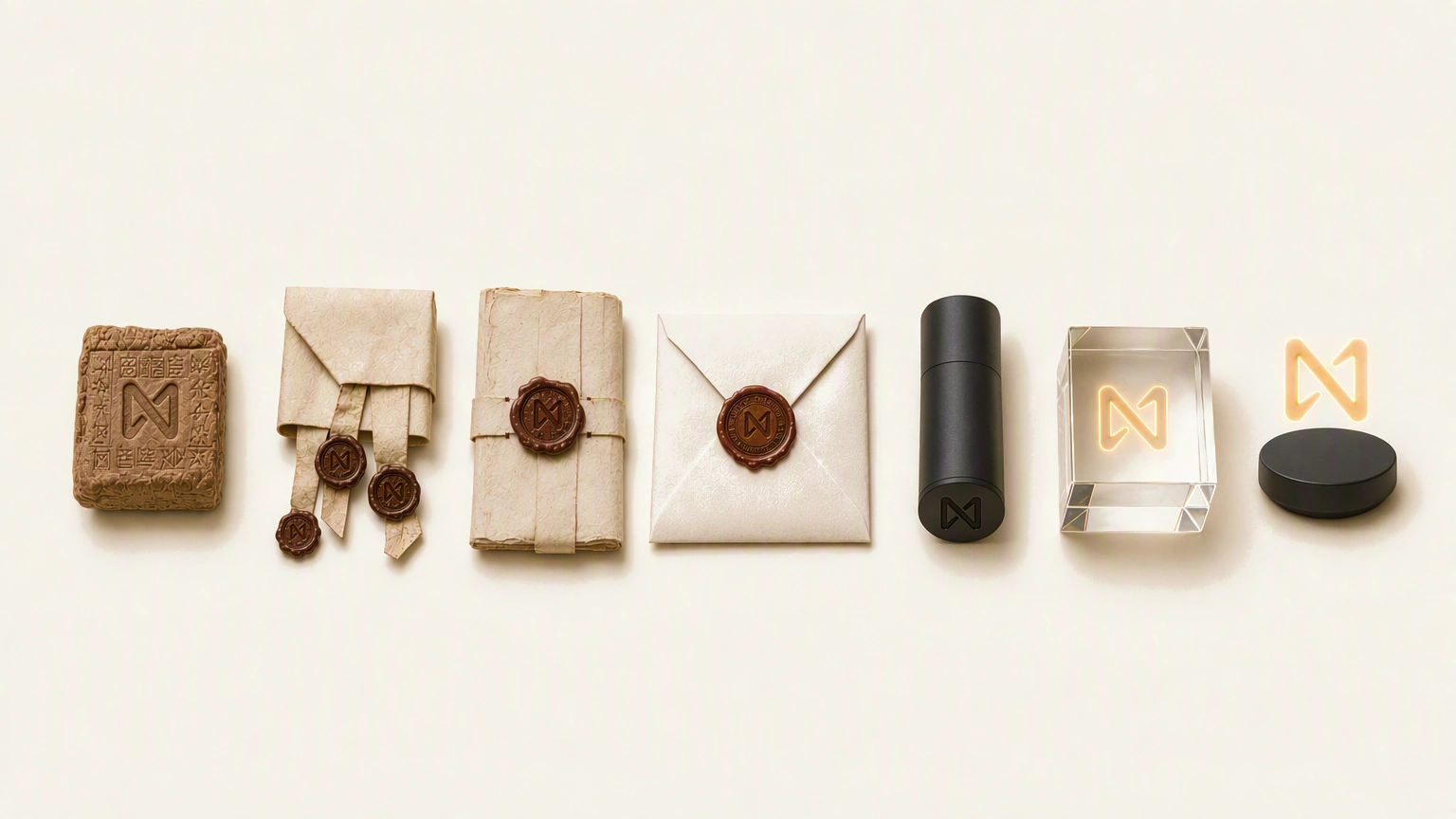 Seven sealed messages in a row on pale paper, oldest to newest: a clay envelope with a seal impressed in it, folded parchment with pendant wax seals, a letterlocked paper packet, a cream envelope with a wax seal, a matte black capsule, a clear crystal block with a mark glowing inside it, and the same mark floating as light above a black disc. The same device appears on every one.